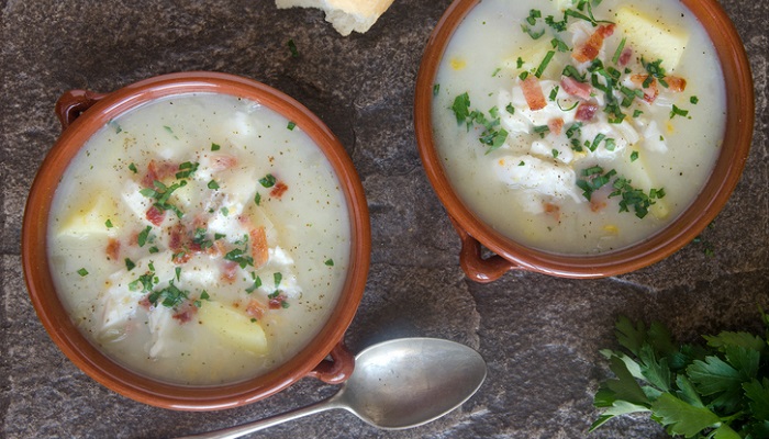 Smoked haddock chowder topped with crispy bacon