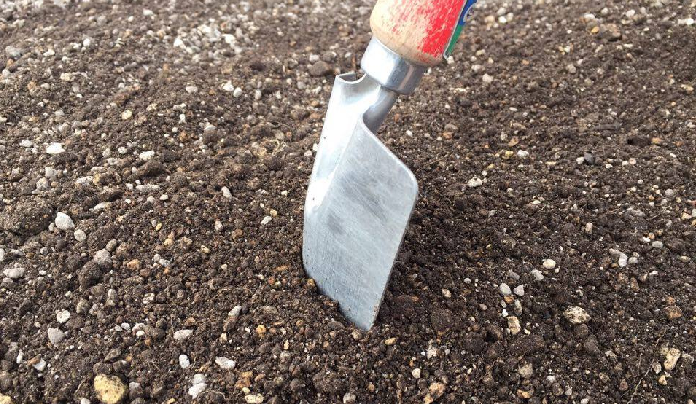 1. クワを使って畑の土をフカフカに耕します。  フカフカ具合の目安として、スコップを上から真っすぐに落とした時さっくりと刺さるくらいが目安です。