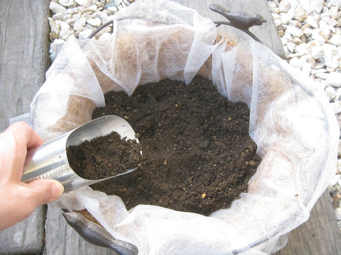 器に不織布を敷いて、鉢の1/3くらいの高さまで培養土を入れます。  （今回は不織布を敷きました。不織布を敷くとココヤシファイバーの風化を防ぎ、次の植え替えがしやすくなるなどの利点があります。不織布無しでも作ることができます。）