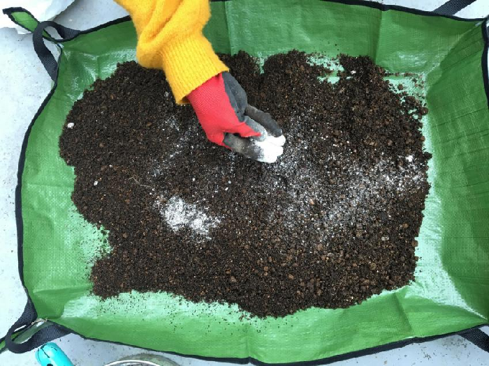 続いては、酸度調整です。  作物を育てた後は、土が酸性に酸度調整  作物を育てた後は、土が酸性に傾く傾向があるので石灰を入れアルカリ性に最適な酸度に近づける作業です。傾く傾向があるので石灰を入れアルカリ性に近づけます。  今回使用した石灰は有機石灰です。  使用する石灰が消石灰・苦土石灰の場合は、この後投入する肥料と結合して窒素が流失してしまうので１～２週間前に施しましょう。