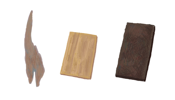  ミニカトレアの着生はコルク以外にもできちゃうんです。あなたの好みの素材に着生してみましょう。  （左から）流木　板　フェイクフェゴ